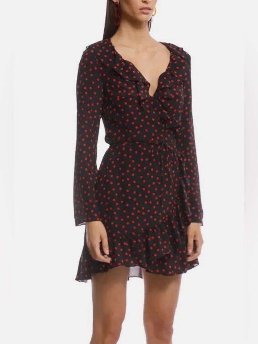 Realisation Par Black Alexander Silk Mini Wrap Dress with Red Polka Dots